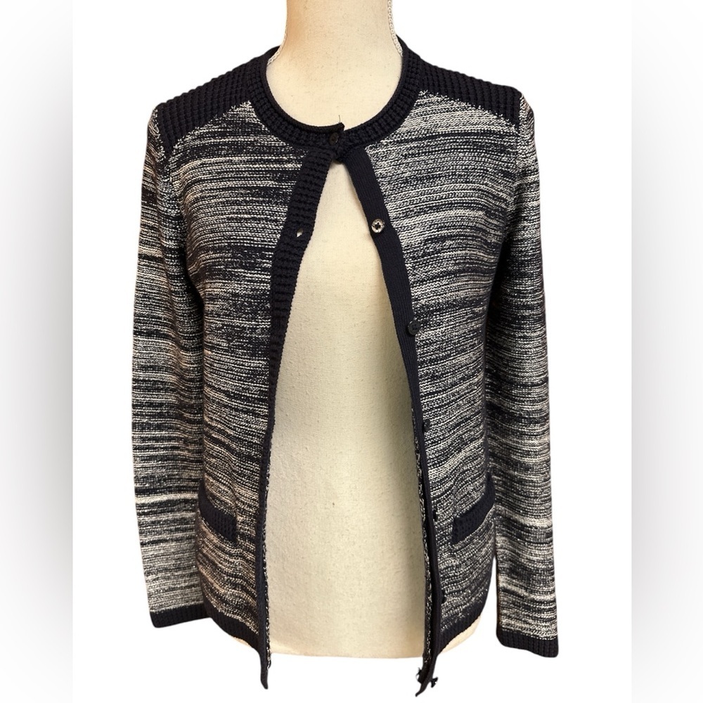 Tommy Hilfiger Navy/Silver Metallic Button Up Partial Knit Cardigan Sweater S